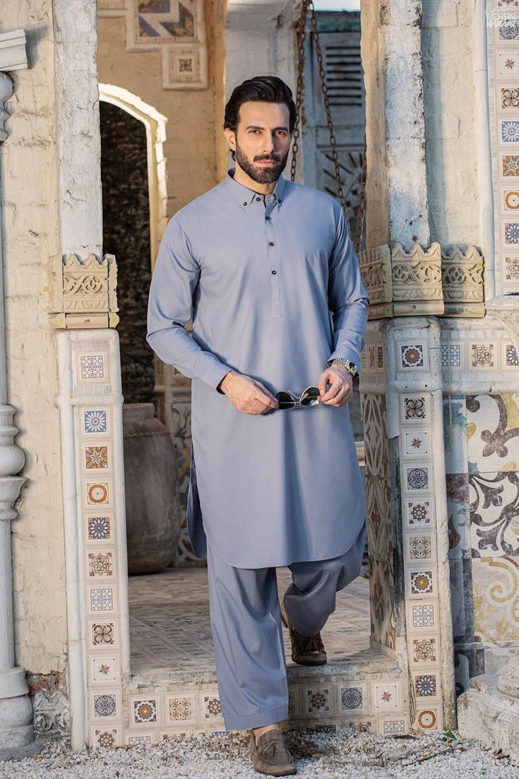 Man Wash n Wear Unstitched Suit Blue-Grey