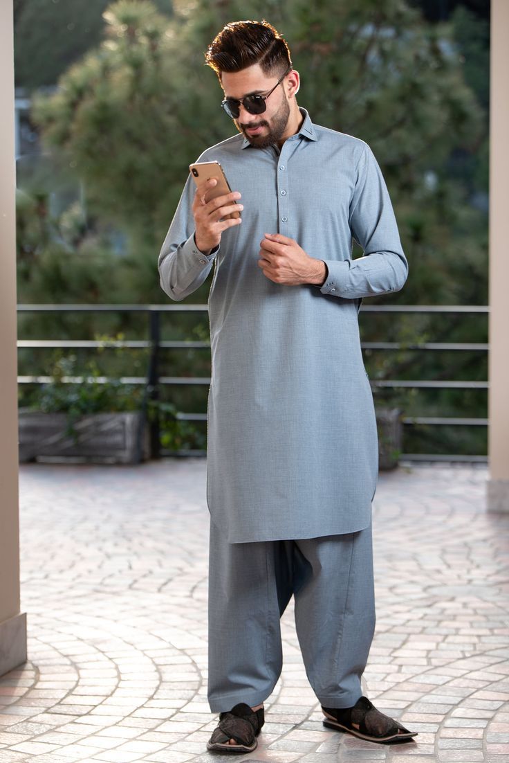 Man Wash n Wear Unstitched Suit Steel Blue - Shadow Grey